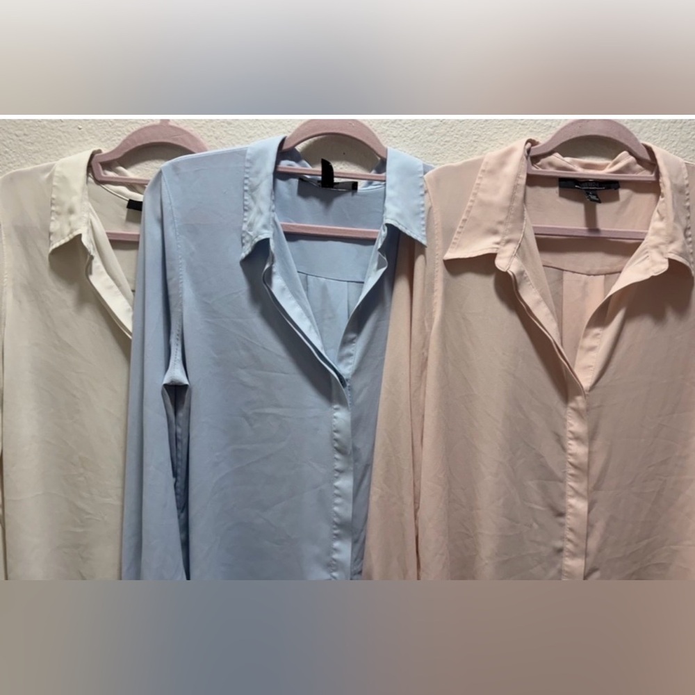 WHBM Set of 3 Button-Up Blouses Blue Pink Cream L